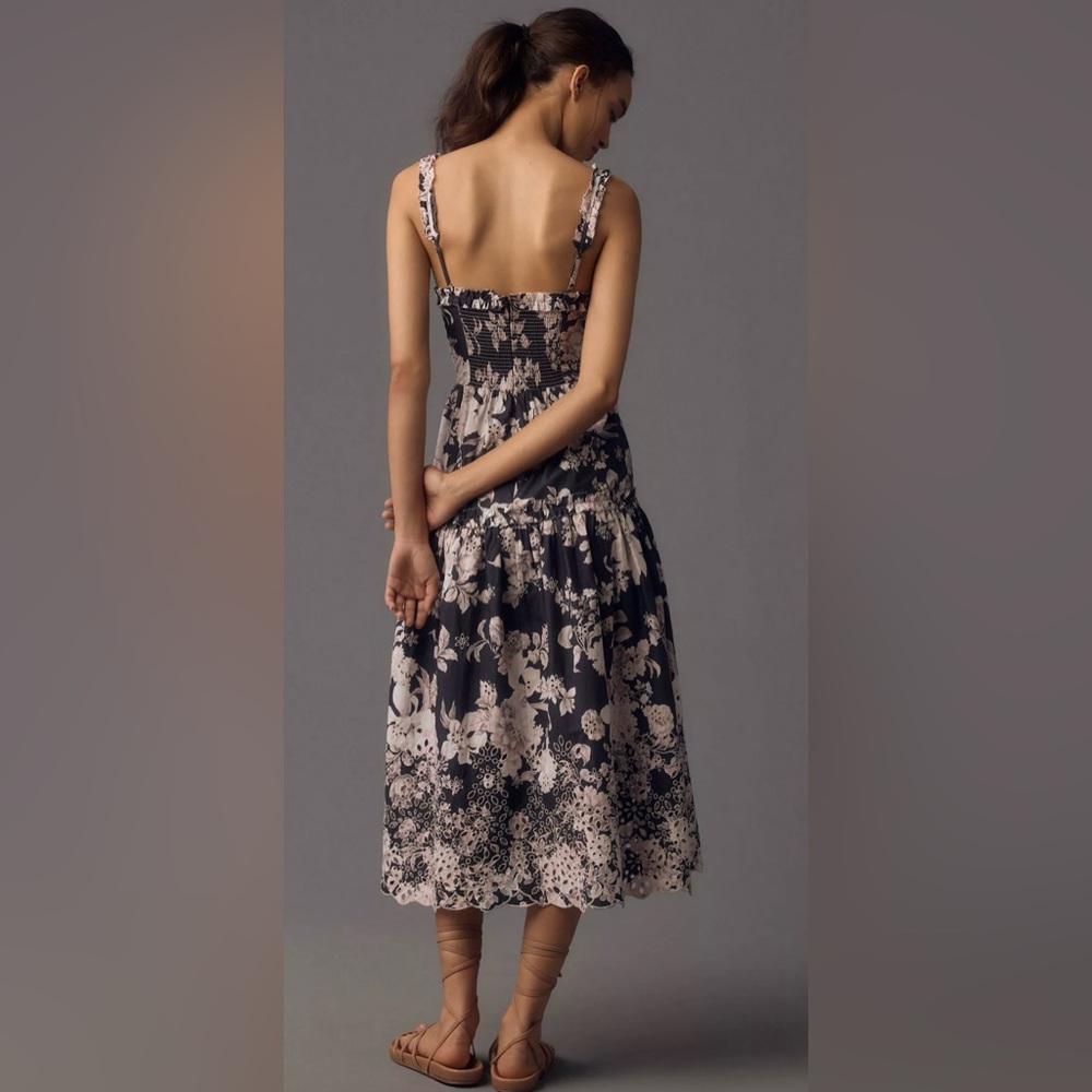 Anthropologie Black and Cream Floral Midi Dress - Picture 3 of 8